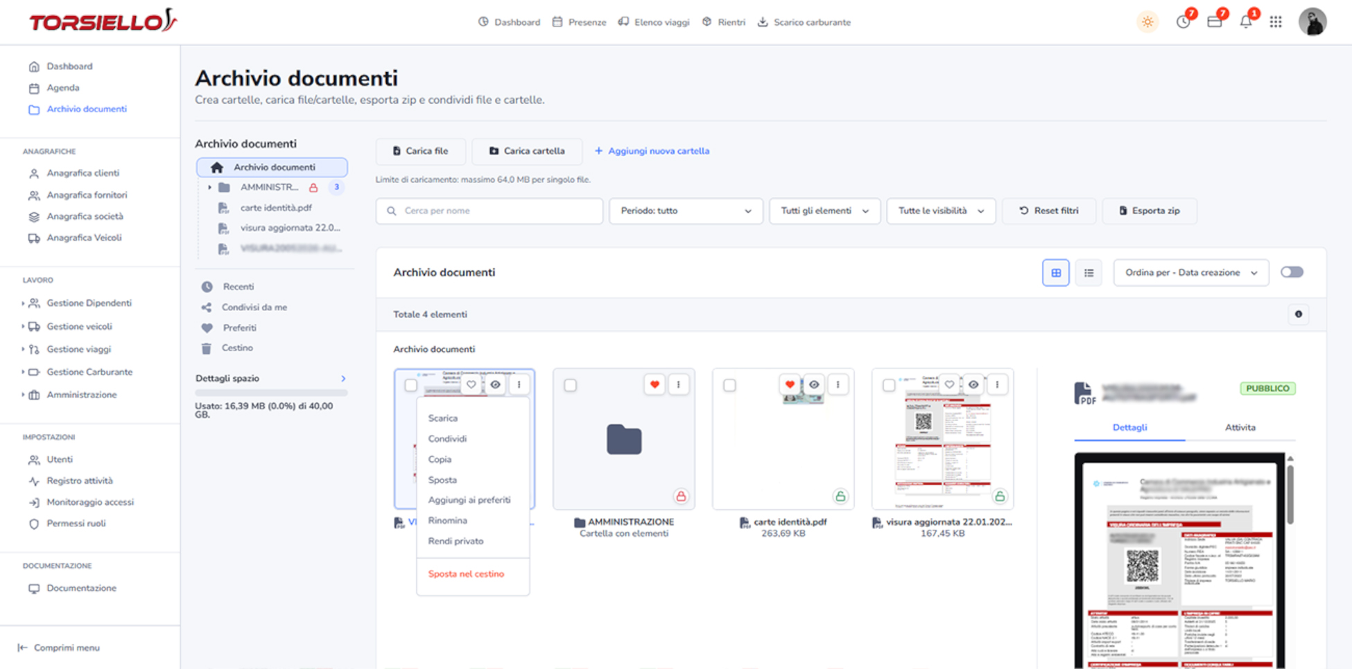 Archivio documentale del gestionale Torsiello con cartelle, ricerca, filtri, anteprime e azioni sui file