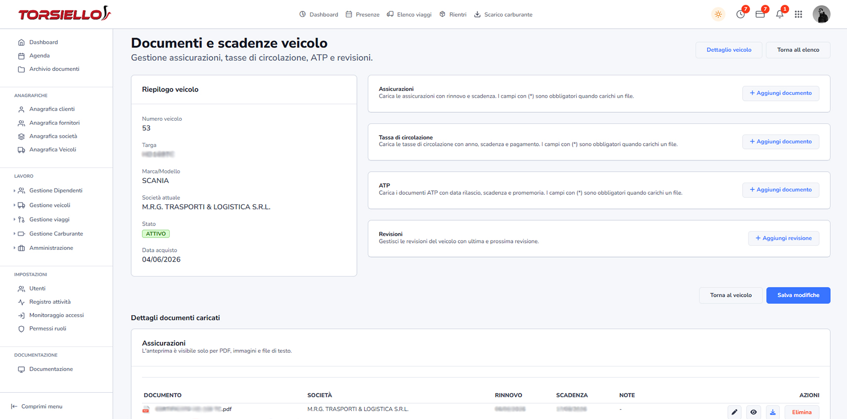 Storico flotta con documenti dei veicoli, scadenze, revisioni e manutenzioni programmate