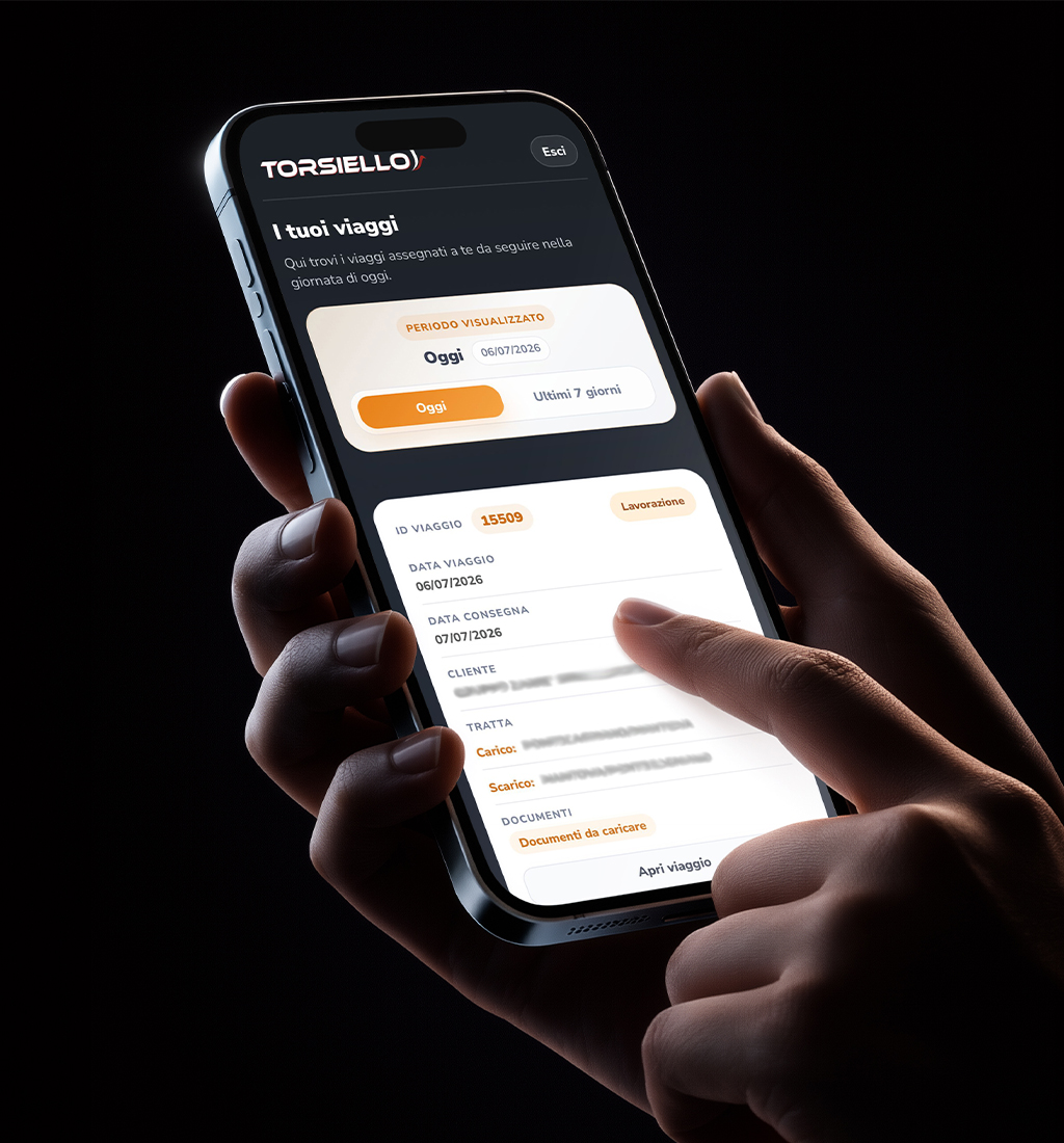 Mockup mobile del portale autisti con viaggi assegnati e caricamento dei documenti