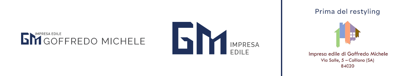 Confronto tra il vecchio logo illustrato e il nuovo monogramma GM dell’Impresa Edile Goffredo Michele