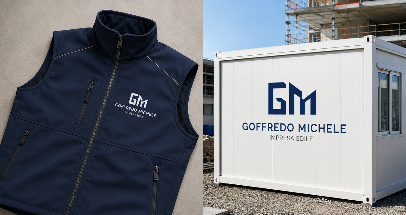 Nuovo logo dell’Impresa Edile Goffredo Michele applicato su abbigliamento e modulo da cantiere