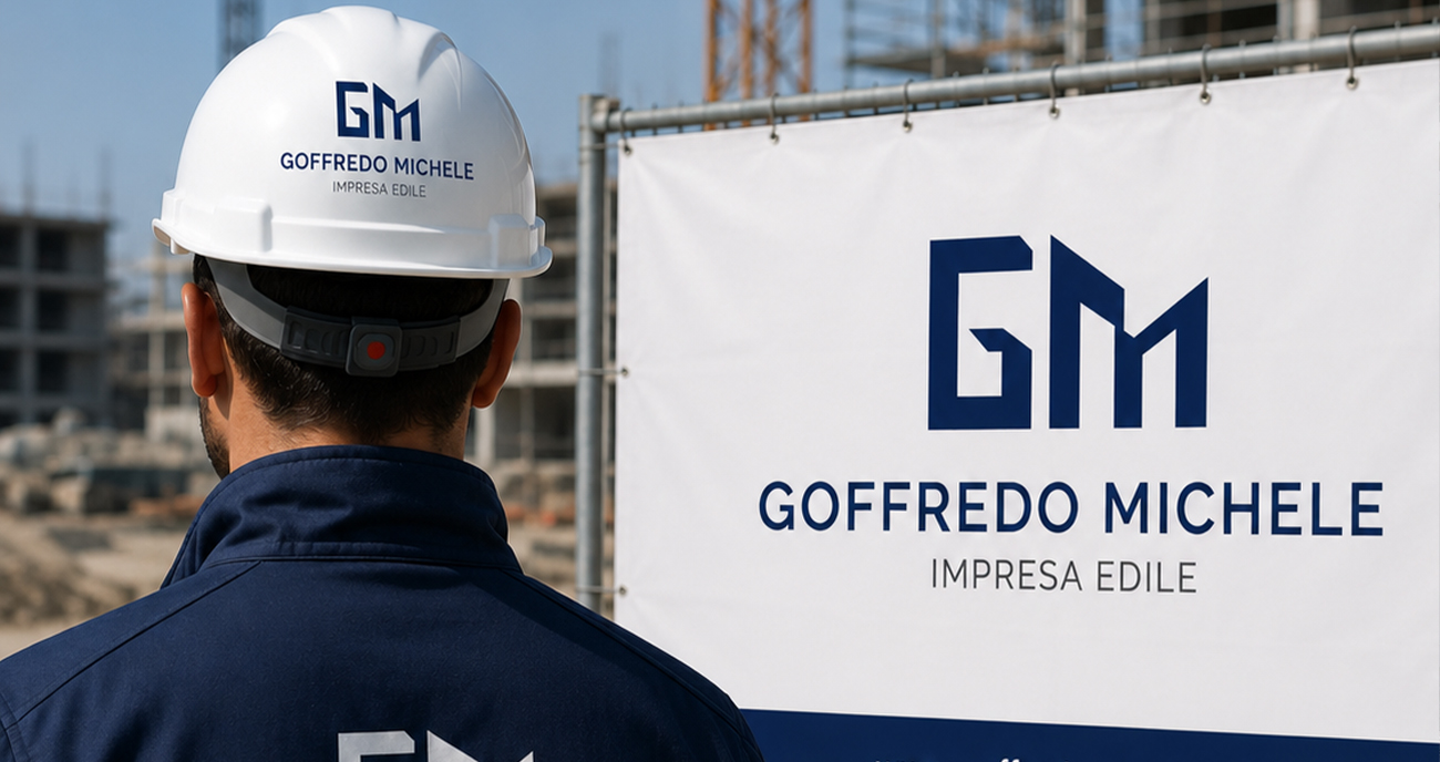 Identità visiva Goffredo Michele applicata su casco, abbigliamento e cartello da cantiere