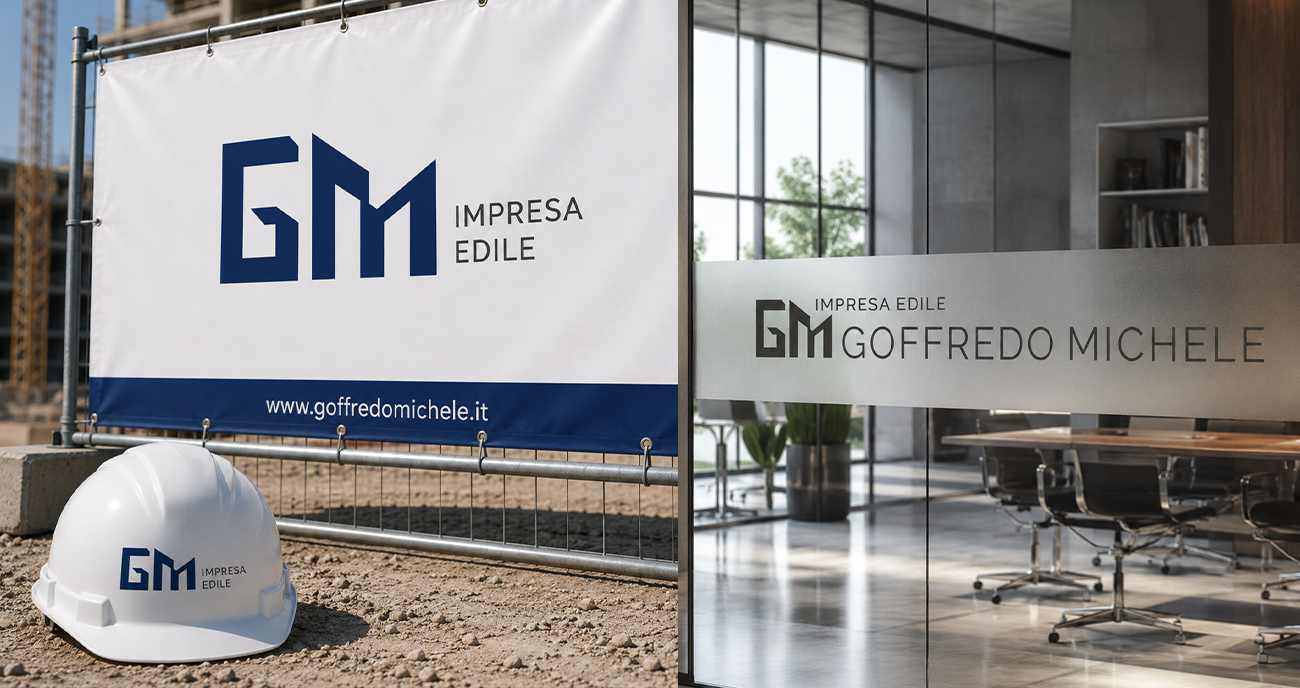 Varianti del logo Goffredo Michele su recinzione di cantiere, casco e vetrofania aziendale