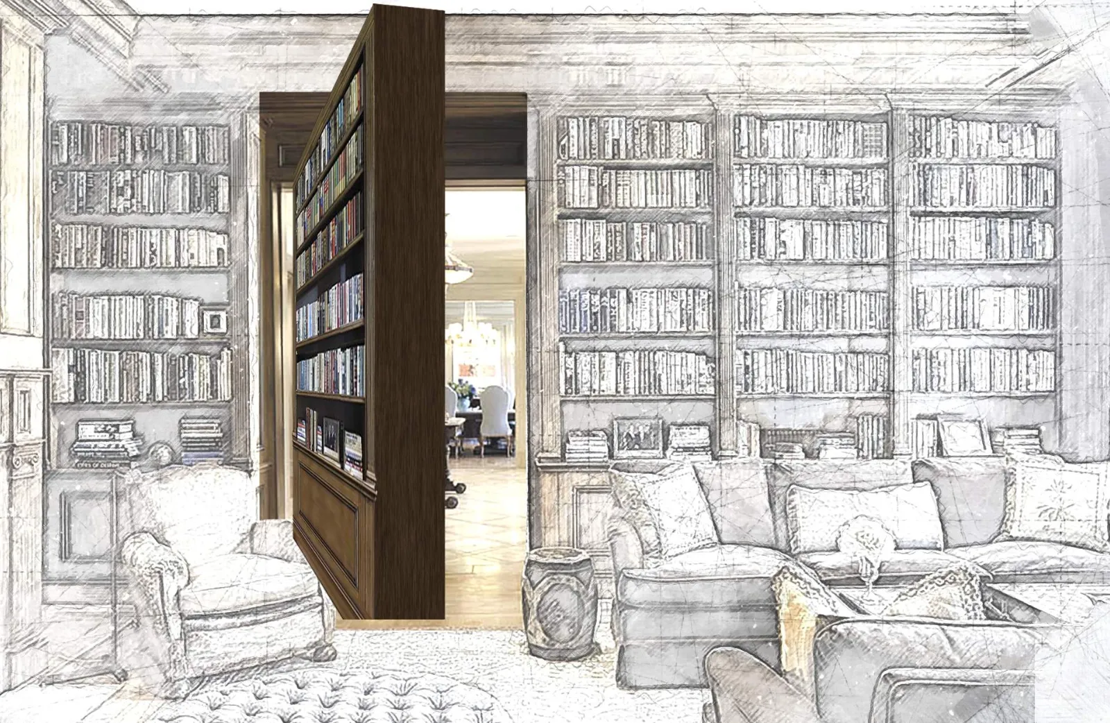 Disegno a matita di una libreria che nasconde un passaggio segreto
