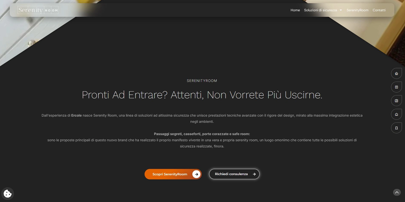 Sito Serenity Room, homepage: titolo di apertura e pulsanti per scoprire le soluzioni o richiedere una consulenza