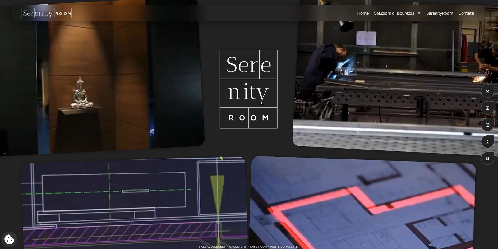 Sito Serenity Room, primo schermo: logo centrale e immagini in movimento di laboratorio e progetti