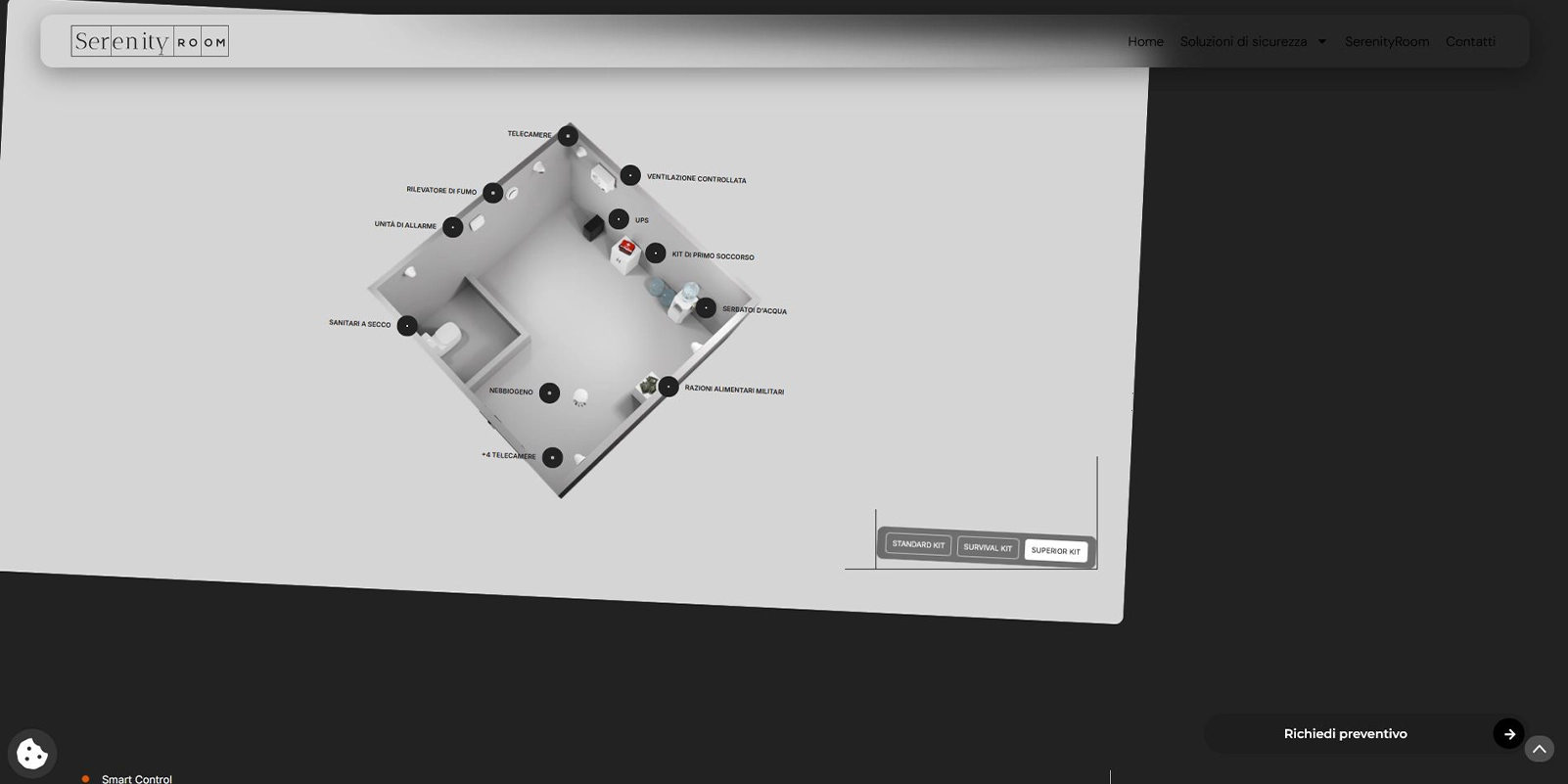 Sito Serenity Room: pianta 3D della safe room con le dotazioni, dalle telecamere alla ventilazione